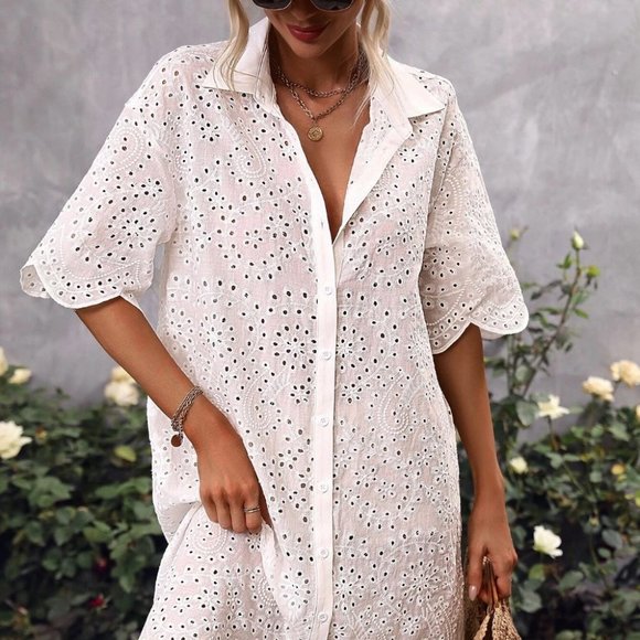 White Eyelet Embroidery Drop Shoulder Dress - Picture 2 of 5